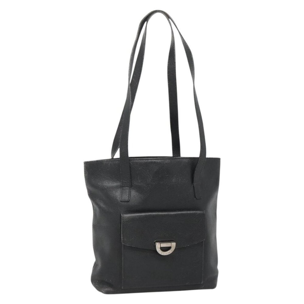 Authentic CELINE Shoulder Bag Leather Black Silver